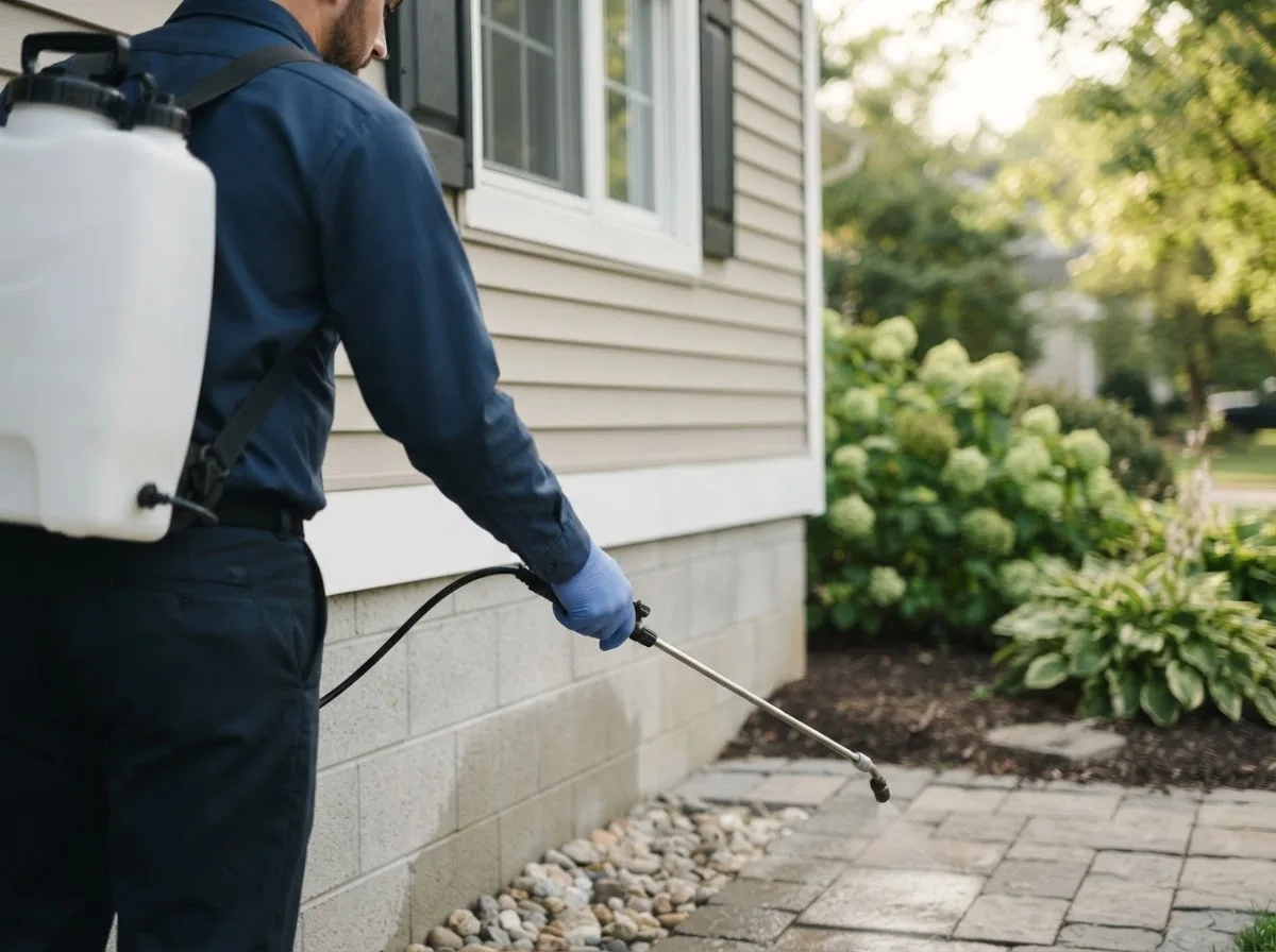 Pest control technician inspecting a home in Addington, OK